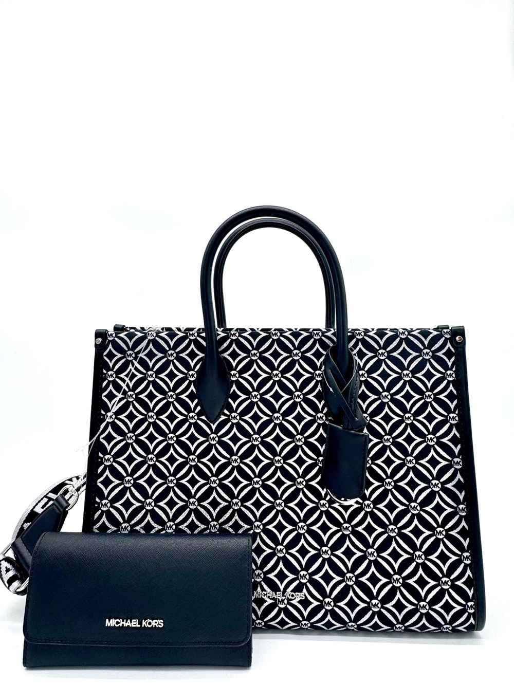 Michael Kors Medium Mirella Tote Bag & Large Trifold Wallet - Black /Silver